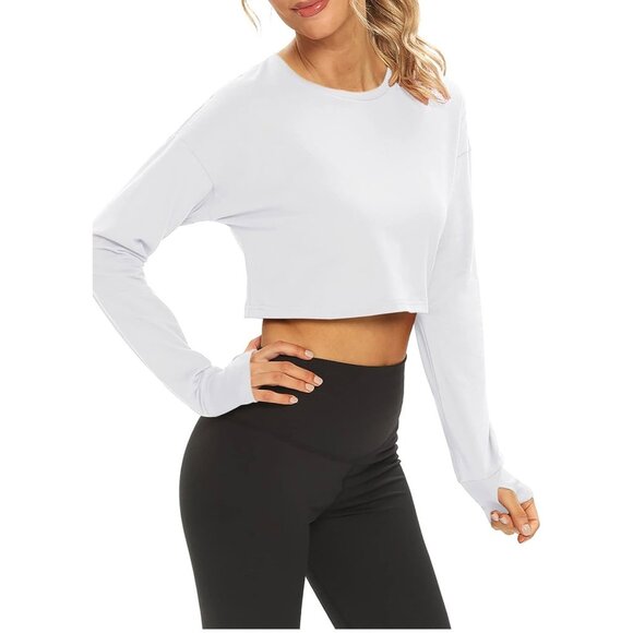 🌸3/$15🌸Long Sleeve White Crop Top Athletic t Shirt with Thumb Holes sz M - Picture 3 of 6